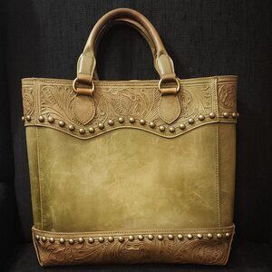 Anabaglish Olive Green Tooled Leather Handbag Tote